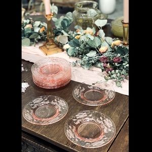 Set of 12 etched pink glass plates